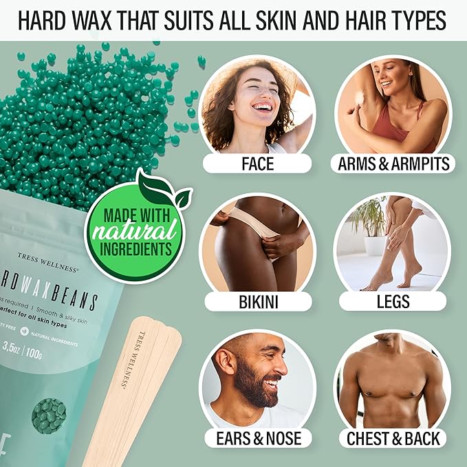 Tress Wellness Waxing Kit for Sensitive Skin – Safe for Face & Skin, Prep & Aftercare Spray, Easy to Use – At-Home Kit for Face, Bikini, Brazilian & Full Body - Digital Display, Green Mountain-BrightBean Baby
