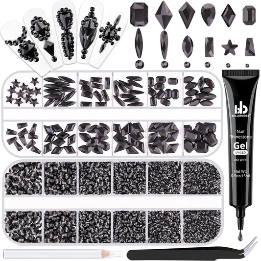 3220Pcs Black Glass Nail Rhinestones 120Pcs Multi Shapes Flatback Nail Gems + 3100Pcs 1.5-4mm Round Crystal with Rhinestones Glue Gel, Manicure Nail Charms Diamond Gemstones for Nail Art-BrightBean Baby