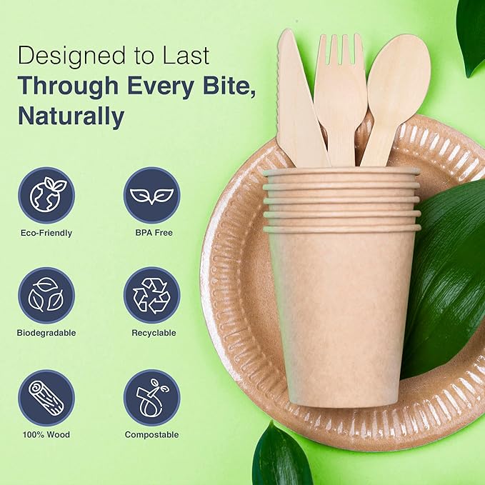Compostable Cutlery Set - 300 PCS Wooden Utensils [120 Forks, 90 Spoons, 90 Knives] - Eco-Friendly Wooden Disposable Utensils - Compostable Forks and Spoons - Disposable Cutlery Set Party Utensils