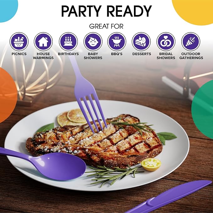 Party Solids Purple Plastic Silverware Heavy Duty 150 Pieces Purple Plastic Cutlery Sets, Utensil Sets, 50 Of Each Forks, Knives & Spoons Disposable Cutlery Set, Flatware Set For Party Supplies