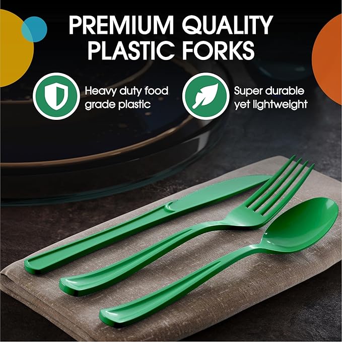 Party Solids Emerald Green Plastic Silverware Heavy Duty 300 Pcs Green Plastic Cutlery Sets, Utensil Sets, 100 Of Each Forks, Knives & Spoons Disposable Cutlery Set, Flatware Set For Party Supplies