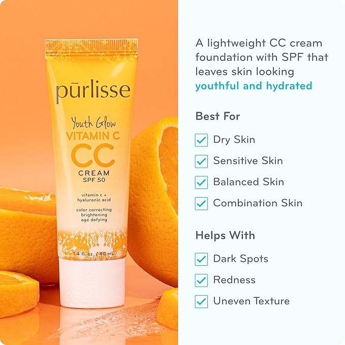 pürlisse Youth Glow Vitamin C CC Cream with SPF 50 - Color Corrector Enriched with Sea Buckthorn, Vitamin C & Hyaluronic Acid - Boosts Radiance & Youthfulness - Paraben-Free - Fair (1.4 oz)-BrightBean Baby