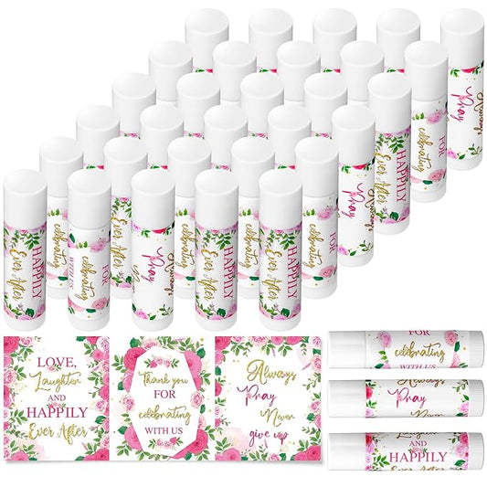 30 Pcs Wedding Lip Balms Bulk Wedding Bridal Shower Favors for Guests Wedding Souvenirs Moisturizing Floral Lip Balm Thank You Gifts for Bachelorette Party Bridesmaid Baby Shower, Pink Flower-BrightBean Baby