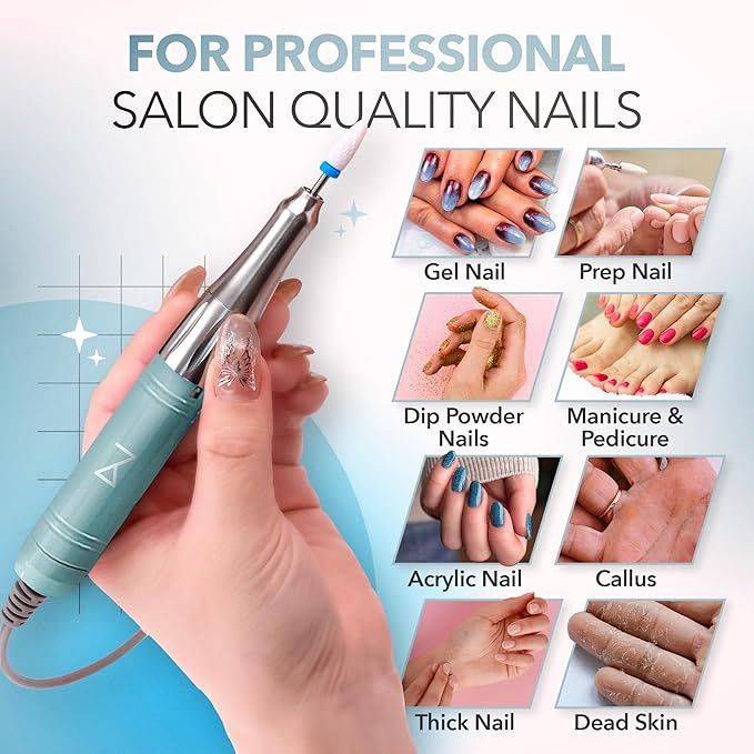M Mase- Professional Nail Drill Machine - Coreless 2-in-1 Nail File - Electric, Cordless, 35000 RPM, HD Display - Electric Nail Drill for Professional & Home Use (Teal)-BrightBean Baby