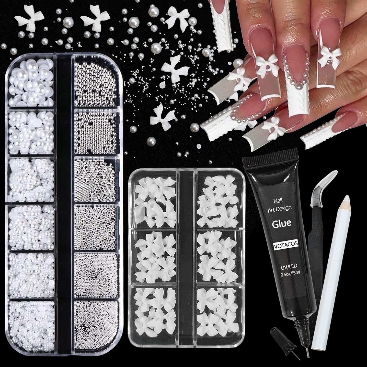 Nail Art Charms White Bow Nail Rhinestones with Glue Gel Flatback Pearls Luxurious Nails Gems Supplies Accessories White Silver Jewelry Pearls for Women Nails DIY Design-BrightBean Baby