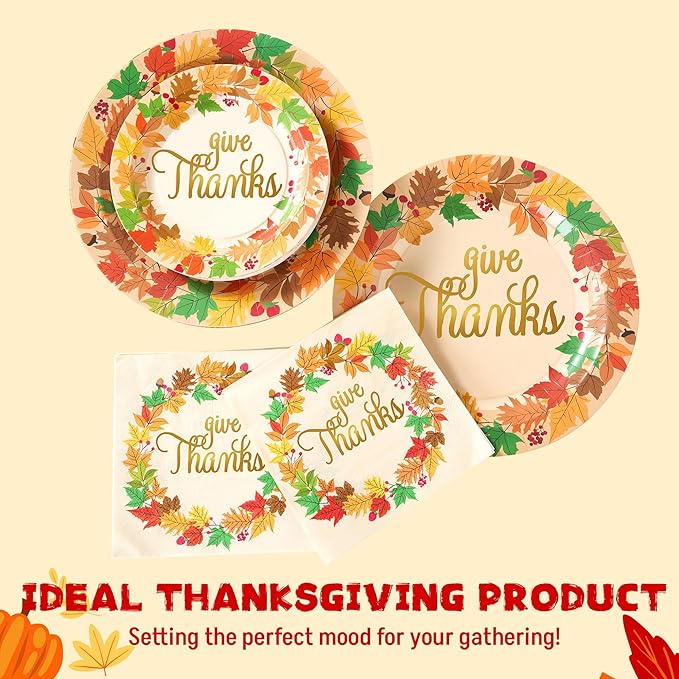 JOYIN 100Pcs Thanksgiving Paper Plates and Napkins Disposable Dinnerware Set for 25 Guests Give Thanks Theme Party Supplies Happy Thanksgiving Autumn Tableware Set
