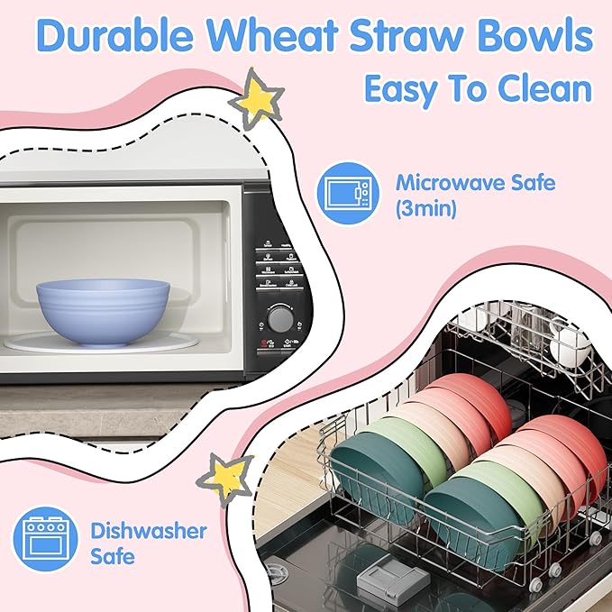 Quatish 10 PCS Unbreakable Cereal Bowls,Dishwasher & Microwave Safe Wheat Straw Bowls, Easy-to-Clean Lightweight Snack & Soup Bowl,Multi-Color Portable for Picnics Plastic Bowls Set, Multi