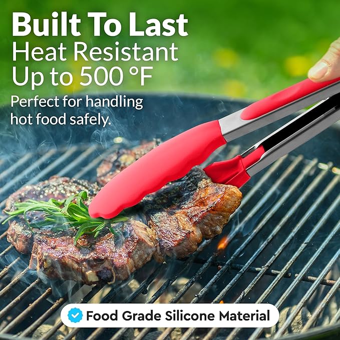 Zulay Stainless Steel Kitchen Tongs with Silicone Tips - Set of 2 (9” & 12”) Locking Cooking Tongs with Non-Slip Grip - Heat Resistant, BBQ Food Tongs for Non-Stick Cooking Pans (Silver/Soft Red)