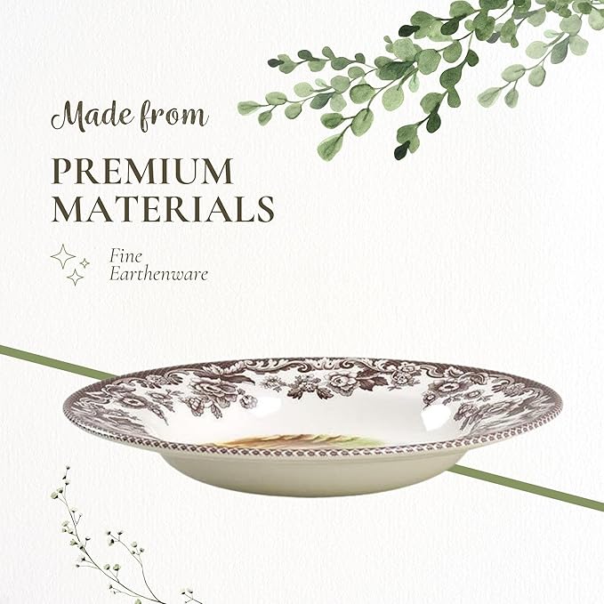 Spode Woodland Pheasant 9" Soup Plate - Rustic Fine Earthenware Bowl with Game Bird Design for Soup, Pasta or Salad - Dishwasher, Microwave, Oven & Freezer Safe - Mix & Match with Woodland or Delamere
