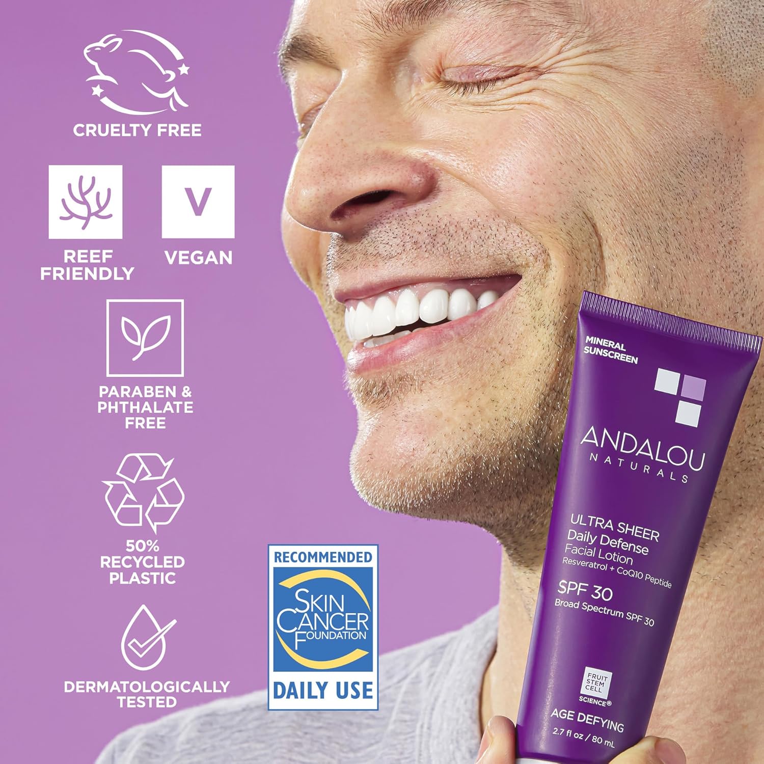 Andalou Naturals Age Defying Ultra Sheer Daily Defense Mineral Sunscreen SPF 30 | Face Lotion with Zinc Oxide | Lightweight Anti-Aging Sun Protection | 2.7 fl oz-BrightBean Baby