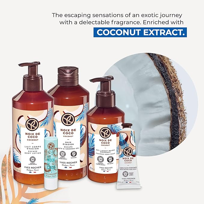 Yves Rocher Bain de Nature Coconut 6-Piece Gift Set, Shower Gel, Hand Cream, Body Lotion, Lip Balm, Hand Soap & Vanity Bag, 6 Items-BrightBean Baby