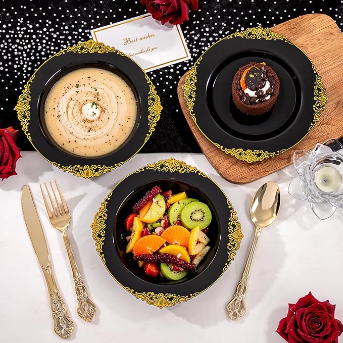 100PCS Black Plastic Bowls - 12 oz Black Gold Disposable Salad Bowls - Heavy Duty Soup Serving Bowl - Fancy Plastic Candy Bowl for Weddings, Parties, Dinners, Catering, Picnics, New Year Party