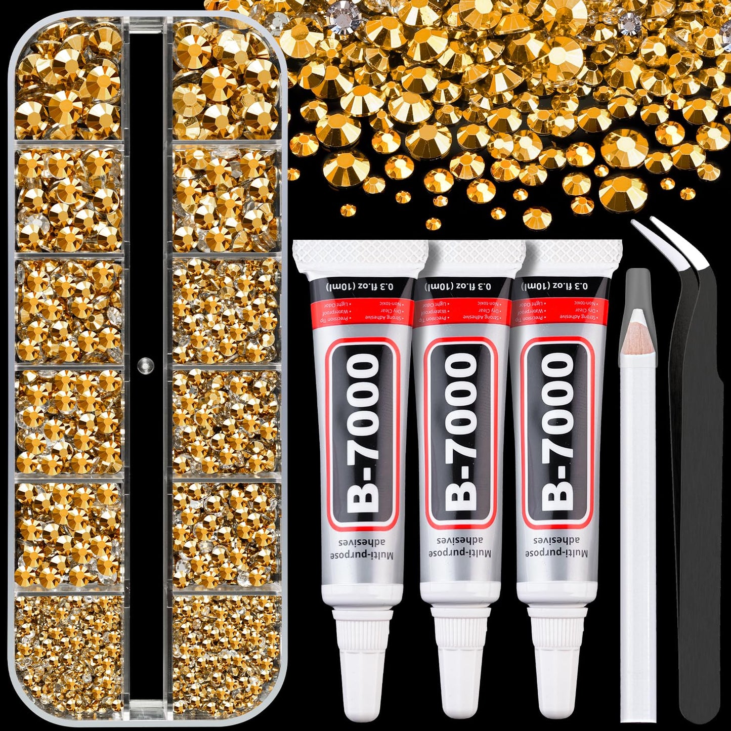 Resin Rhinestones for Crafting with B7000 Jewelry Glue, 1 Box Gold Flatback Crystals with 3Pcs 10ml Glue for Bedazzling Crafts DIY Nail Art Makeup，Non Hotfix Gems for Clothing Shoes-BrightBean Baby