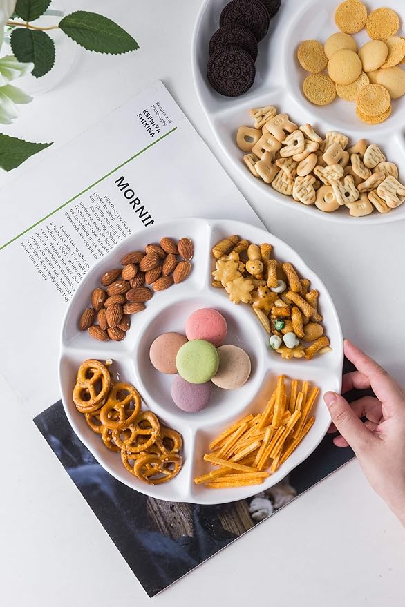 LAUCHUH Veggie Tray Set of 2, Porcelain Chip & Dip Serving Set Divided Serving Platter White Serving Tray for Party, Fruits, Veggies, Candy, Snack, Dessert, 12 inch