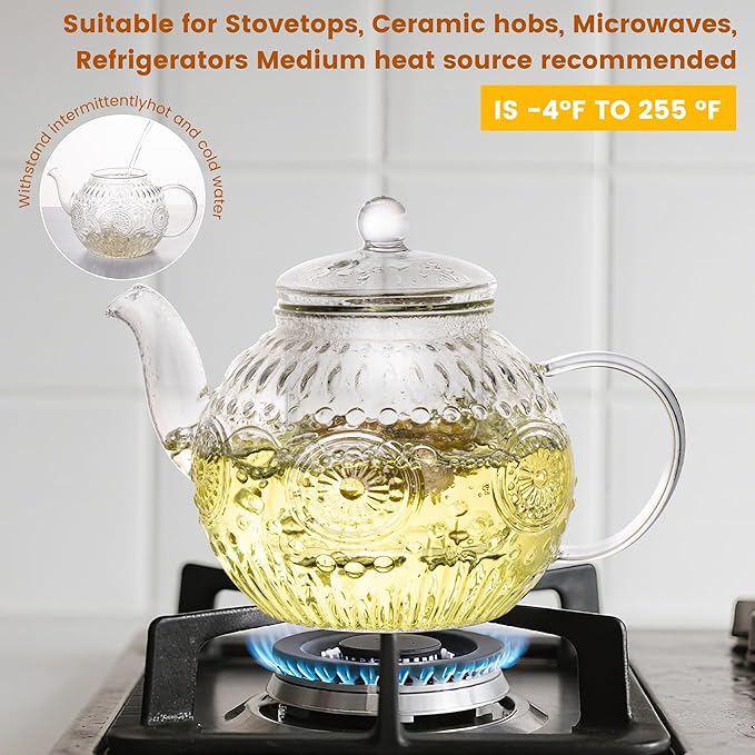 Bandesun Vintage Glass Teapot, Tea Kettle with Removable Infuser 32OZ/1000ml, Borosilicate Glass Pot -Stovetop Safe, Blooming & Loose Leaf Tea Maker Set