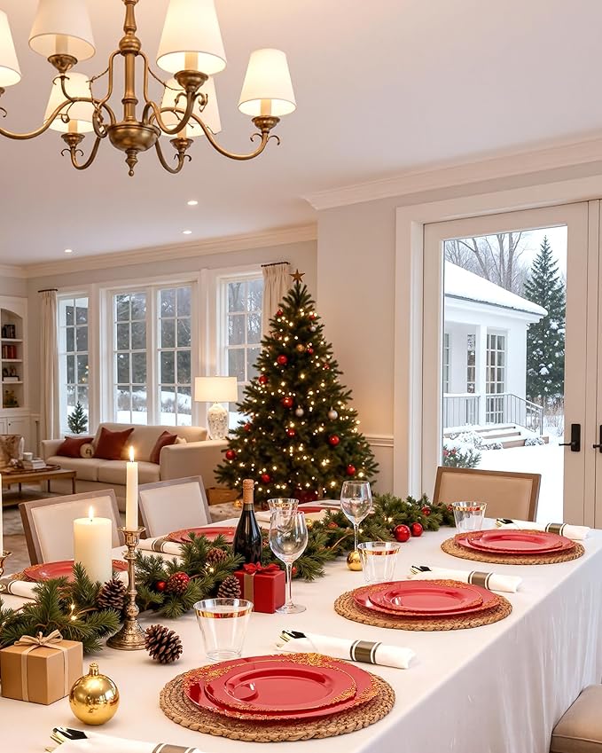 Nervure 350PCS Red Plastic Plates - Red Gold Plastic Dinnerware Sets for 50 Guests - 100 Gold Disposable Plates, 50 Pre Rolled Silverware Sets, 50 Cups Perfect for Wedding & Party & Christmas