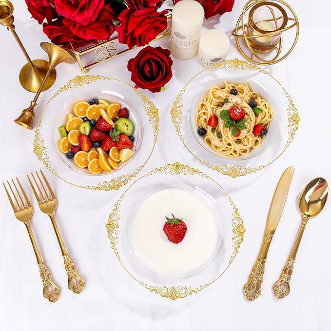 100PCS Clear Gold Plastic Bowls - 12 oz Clear Disposable Salad Bowls - Heavy Duty Disposable Soup Bowl - Fancy Plastic Ice Cream Bowl for Weddings, Thanksgiving Parties, Dinners, Picnics,