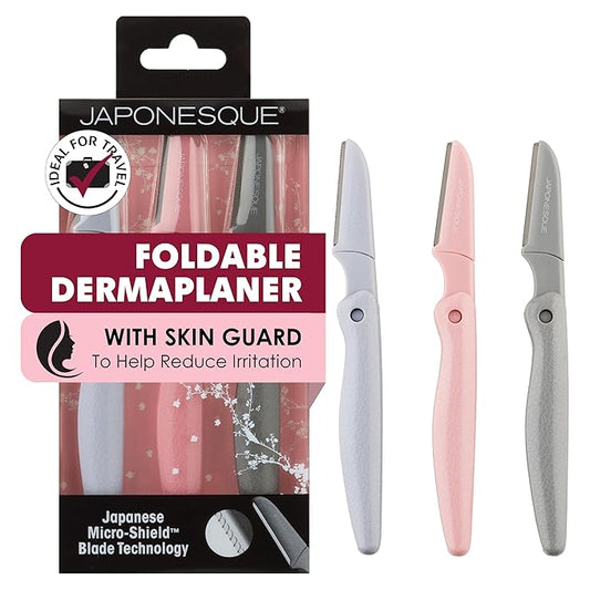 JAPONESQUE Foldable Dermaplaner Facial Razors - 3 Piece Set, Eyebrow And Facial Hair Razor Kit - One Blade Fixed Dermaplane Razor For Women Multicolor