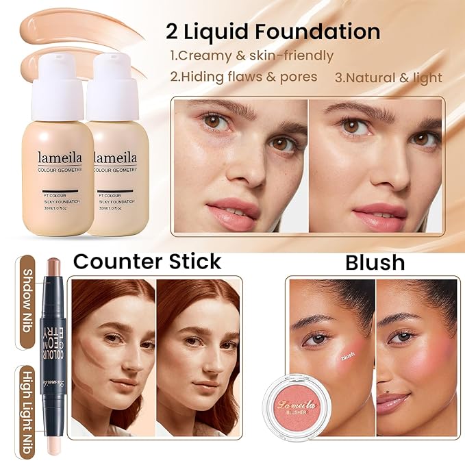 Makeup Present Set for Teen Girl Women, Travel Makeup Kit, Makeup Full Kit for Beginner, Makeup Bundle Include 2 Matte & Shimmer Eyeshadow Palettes, Liquid Glitter Eyeshadow & Eyeliner-BrightBean Baby