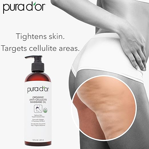 PURA D'OR 16 Oz Organic Anti-Cellulite Massage Oil - Lemon Peel, Moringa, Grape Seed, Grapefruit & Eucalyptus Oils - Skin Firming & Tightening for Active Individuals & Aging Adults-BrightBean Baby