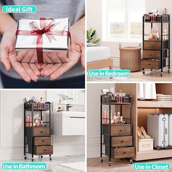 HapiRm Rolling Makeup Cart Organizer - Floor Skincare Make Up Storage with 3 Drawers, Vanity Organizer Cosmetic Display Cases Holder for Skin Care Perfume Nail Polish Brush Hair Tool-BrightBean Baby