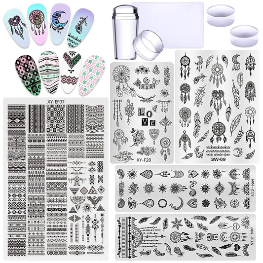 Bohemia Style Nail Stamping Plate 5pcs Set Geometric Art Template with Silicone French Tip Stamper Kit Nail Stencil for Nail Art Salon DIY Tool Supplies-BrightBean Baby