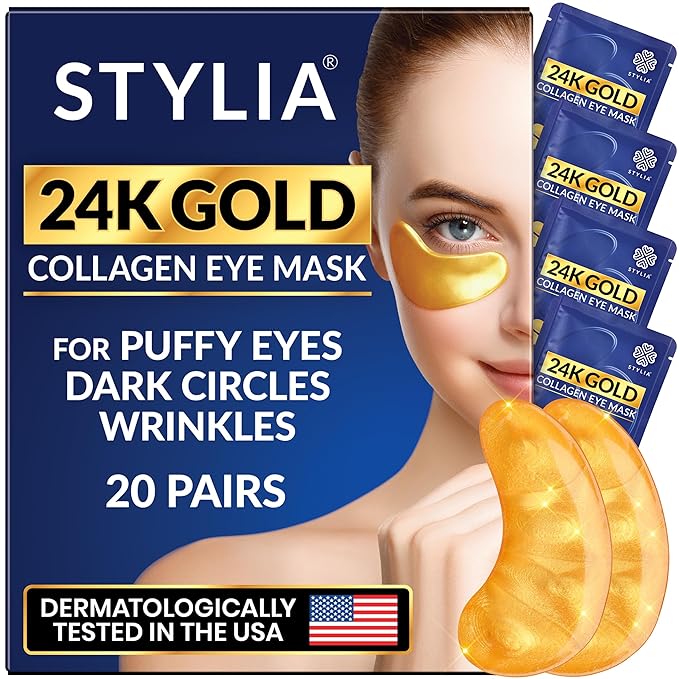 Stylia Under Eye Patches for Puffy Eyes and Dark Circles (20 Pairs) - 24k Gold Under Eye Mask with Vitamin C, Hyaluronic Acid, Pearl Extract - Eye Masks for Dark Circles and Puffiness-BrightBean Baby