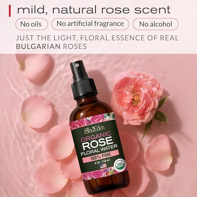 Ella & Eden Organic Rose Water Spray for Face, Hair 4 Fl Oz | USDA Certified 100% Pure Steam Distilled Hexane-Free | Hydrating, Refreshing Facial Mist for All Skin Types-BrightBean Baby