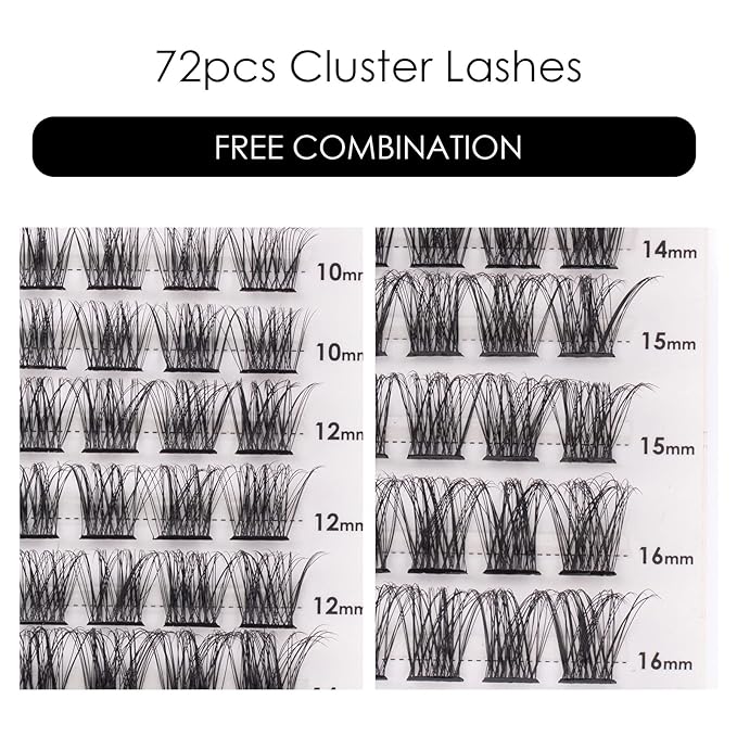 Cluster Lashes 72 Individual Lashes Clusters Eyelash Extensions False Eyelashes DIY Lash Extension Kit Reusable False Eyelashes Natural Look Mix 10-16mm C D Curl-DM17-BrightBean Baby