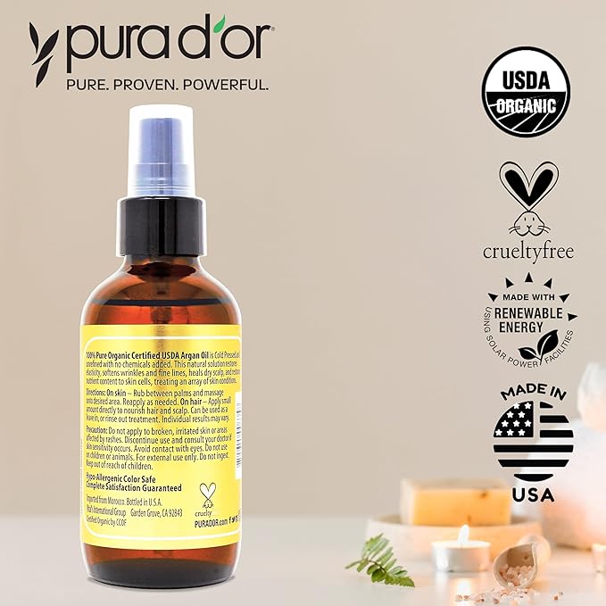 PURA D'OR 4 Oz ORGANIC Moroccan Argan Oil - USDA Certified 100% Pure & Cold Pressed Virgin Premium Grade Natural Moisturizer Treatment For Dry, Damaged Skin, Hair, Face, Body & Scalp - Men & Women-BrightBean Baby