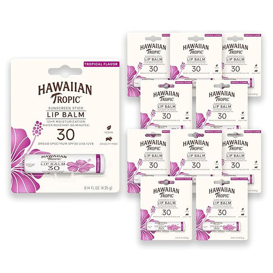 Hawaiian Tropic Tropical Lip Balm SPF 30, 0.14oz | Lip Sunscreen, Lip SPF 30, Lip Sunblock, Oxybenzone Free Sunscreen, Travel Size Sunscreen, Mini Sunscreen, 0.14oz (Pack of 10)-BrightBean Baby