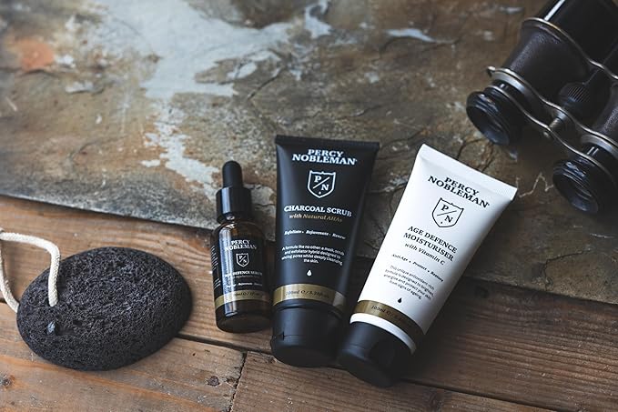 Percy Nobleman Age Defence Kit, a men's skincare set containing Charcoal Face Scrub (with Natural AHAs), ultra-hydrating Facial Serum (with Hyaluronic Acid), and Moisturiser (with Vitamin C)-BrightBean Baby