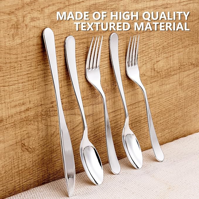 150 PCS Silver Plastic Silverware - Silver Plastic Flatware Disposable - Heavy Duty Disposable Utensils Sets Includes 50 Forks, 50 Spoons, 50 Knives for Party & Wedding