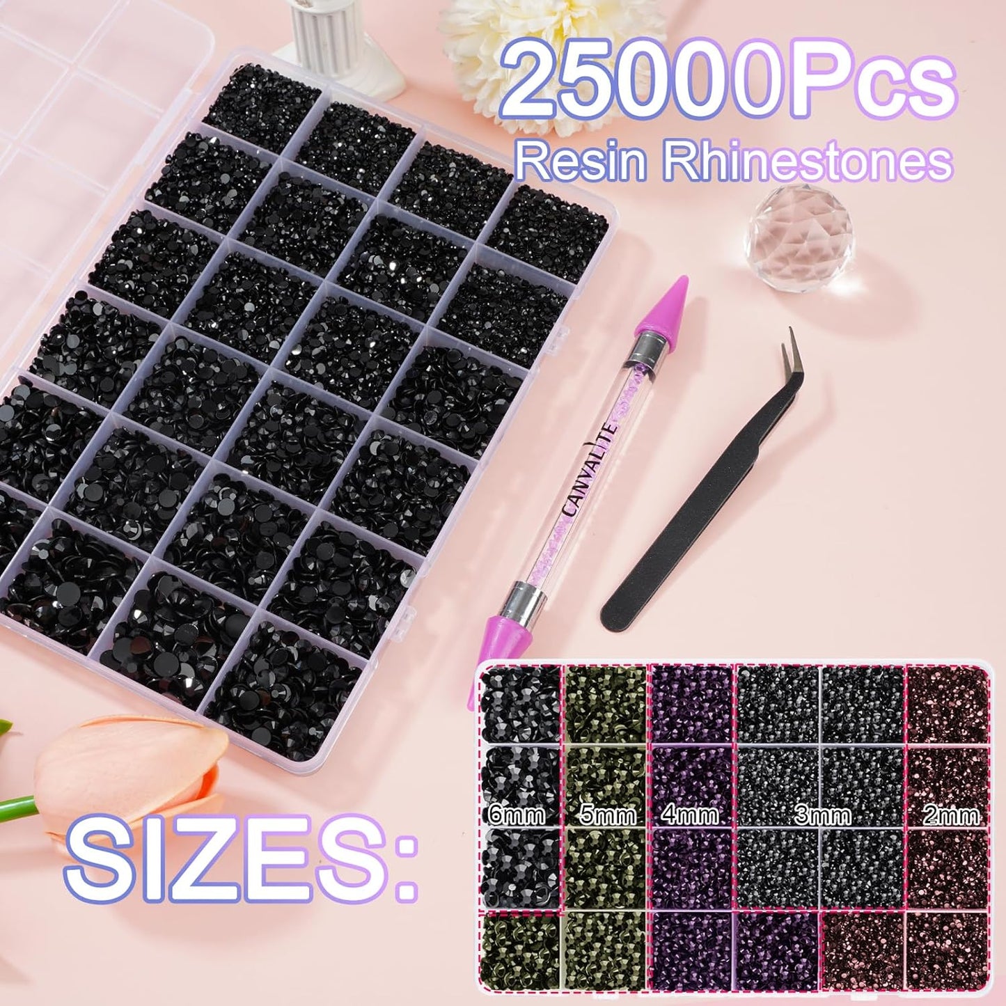 Canvalite 25000PCS Resin Jelly Rhinestones for Crafting, Black Flatback Gems, Bedazzling Crystal with 5x2.5g B7000 Jewelry Glue and Tweezers Dotting Pen for DIY Crafts Clothing Shoes Nail Art-BrightBean Baby