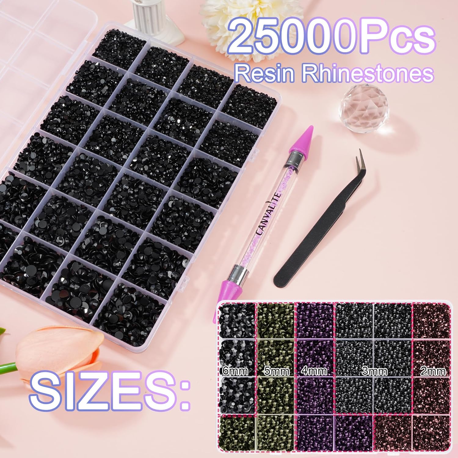 Canvalite 25000PCS Resin Jelly Rhinestones for Crafting, Black Flatback Gems, Bedazzling Crystal with 5x2.5g B7000 Jewelry Glue and Tweezers Dotting Pen for DIY Crafts Clothing Shoes Nail Art-BrightBean Baby