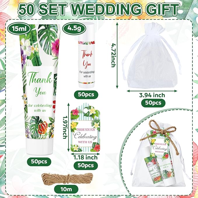 200 Pcs Baby Shower Wedding Party Favors Gift Set, 50 Pcs Baby Shower Hand Cream and 50 Lip Balm for Wedding Bridesmaid Guests Gift Supplies with 50 Organza Bag 50 Thank You Tag(Tropical)-BrightBean Baby