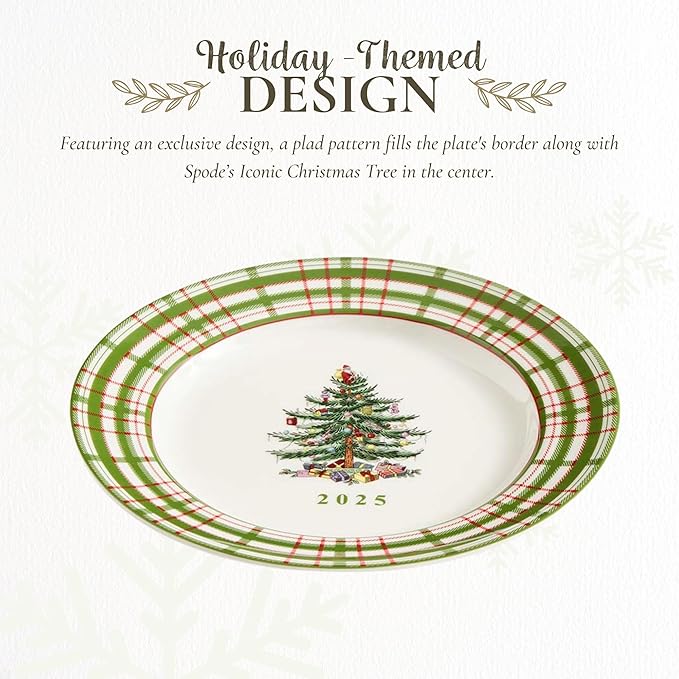 Spode Annual 2025 Collector Plate - Red & Green Plaid Border, Holiday Accent for Appetizers, Desserts & Display - 8 Inch Porcelain Plate, Microwave, Oven, Dishwasher & Freezer Safe