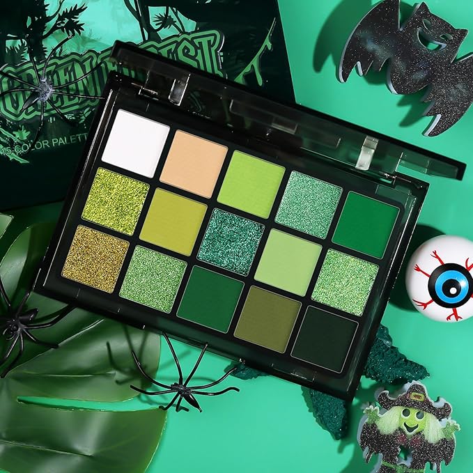 UCANBE Green Eyeshadow Makeup Palette, 15 Colors Bright Dark Green Shimmer Matte Metallic Glitter Eye Shadow, Forest Emerald Lime Pallet Kit for Cosplay Parties Christmas Halloween SFX-BrightBean Baby