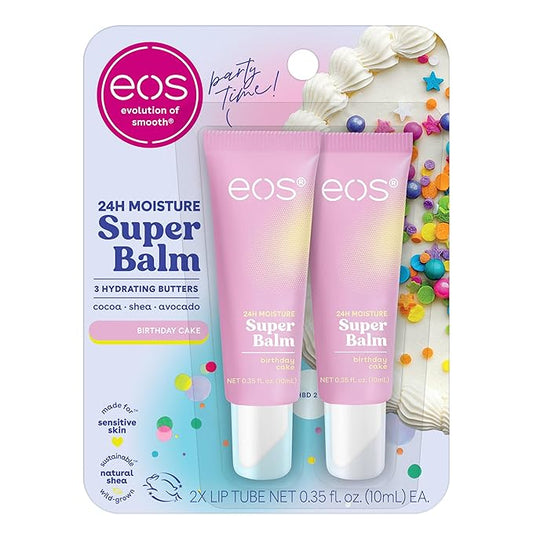 eos 24H Moisture Super Balm- Birthday Cake, Lip Mask, Day or Night Lip Treatment, Made for Sensitive Skin, 0.35 fl oz, 2-Pack-BrightBean Baby