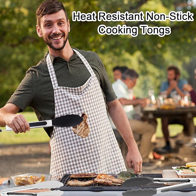 6 PCS Silicone Tongs,Cooking Tongs with Silicone Tips,7 Inch Stainless Steel Silicone Kitchen Tongs,Heat Resistant Non-Stick,for Cooking Grilling Salad,BBQ Tongs with Locking