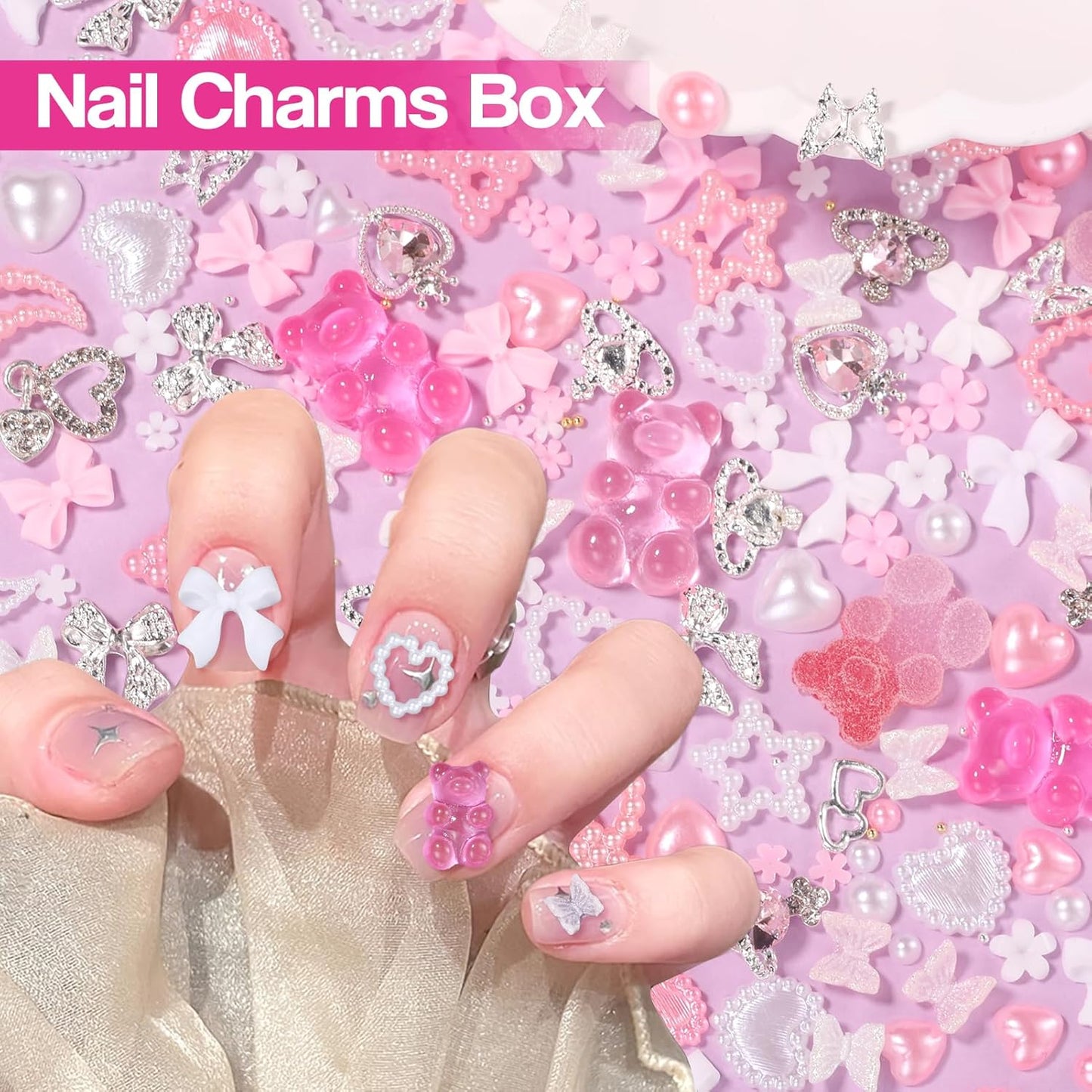 Silver Nail Gems Charms, 3D Pink Color Nail Art Charms, Acrylic Blossom Tiny Flowers Flatback Multi Styles Pearls Nail Charms Planet Heart Butterfly Nail Diamond Charms for Nails Manicure DIY Crafts-BrightBean Baby