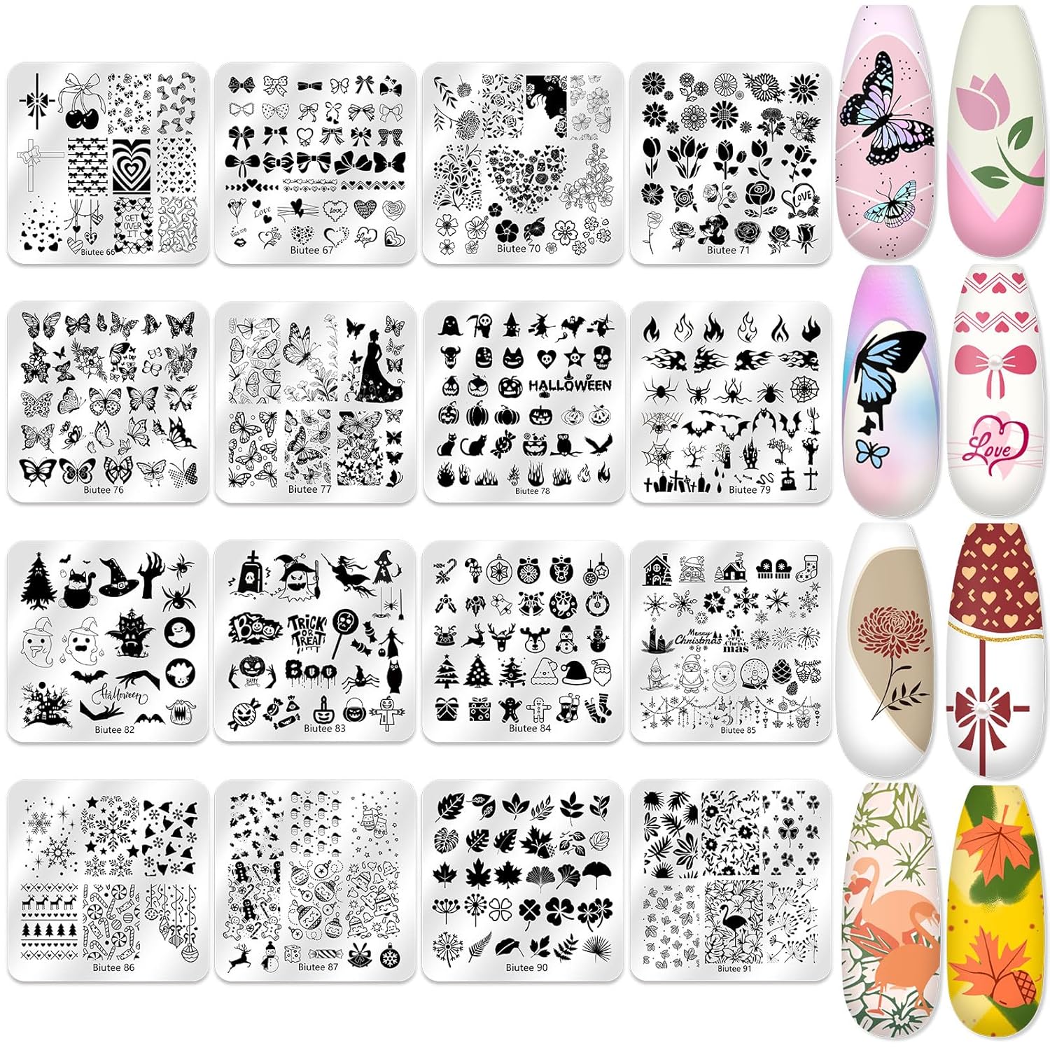 Biutee Nail Stamping Plate 20Pcs Nail Stamper Kit 16Pcs Nail Art Stamping Plates with Silicone Stamper, Scraper & Storage Bag, Stamp Plates Star Plaid Love Leaf Template Halloween Design Gift-BrightBean Baby