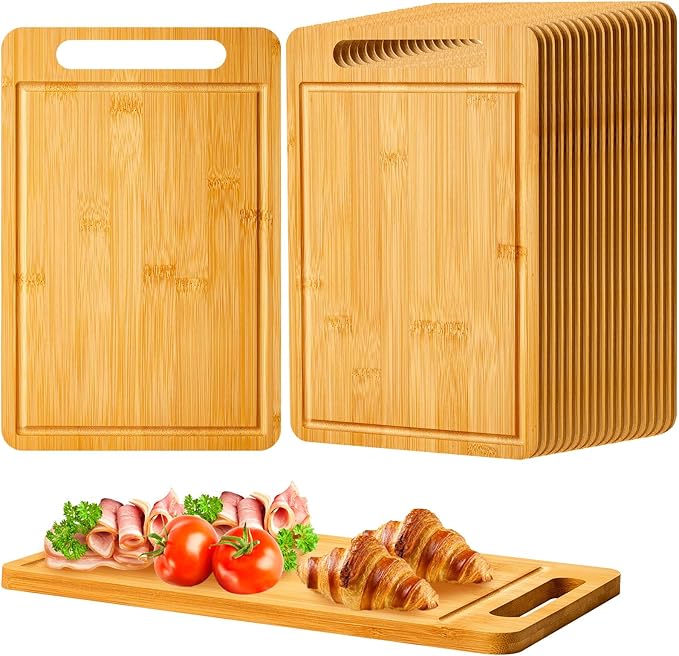 Nuenen 30 Pcs Bulk Wood Cutting Board with Handle 12 x 7.8 Inch Acacia Bamboo Wooden Kitchen Serving Chopping Boards for Pizza, Bread, Charcuterie, Fruit, Vegetables (Bamboo)