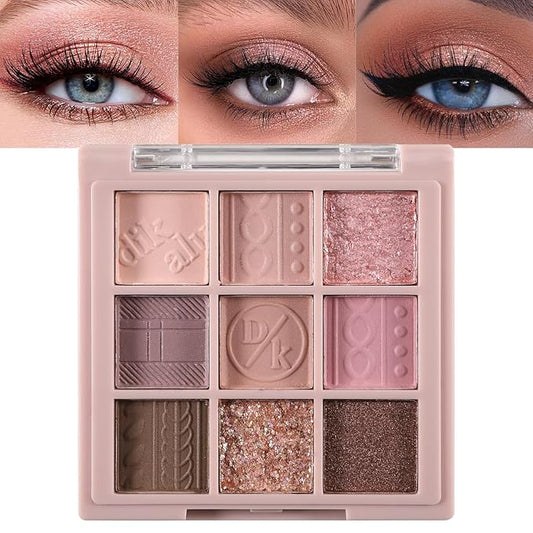 Erinde 9 Colors Eyeshadow Palette, Matte Shimmer Glitter Eye Shadow Makeup Palette, Highly Pigmented Long Lasting Waterproof, Natural Neutral Nude Eyeshadow Makeup Pallet, Pink Purple Rose-BrightBean Baby