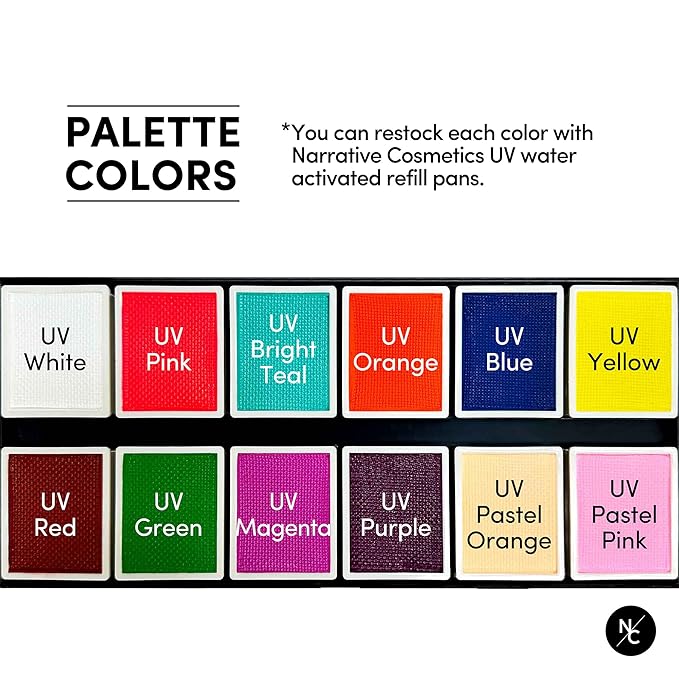 UV 12-Color Palette - Water-Activated Neon Glow Makeup for Face & Body - Fluorescent Shades for SFX, Party Makeup, Cosplay & Theatrical Performances-BrightBean Baby
