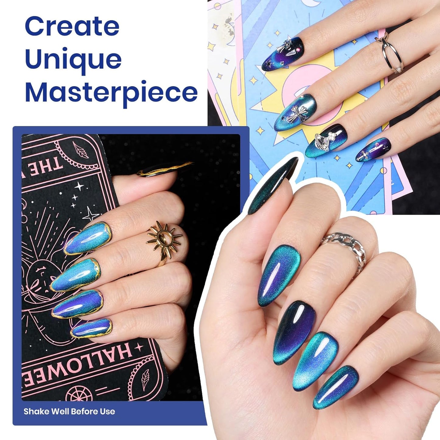 Beetles Blue Cat Eye Gel Nail Polish - 15ML Glitter Blue Chameleon Sparkle Holographic Nail Polish with Magnet Translucent Mystical Aura Gel Soak Off UV LED Nail Lamp Nail Art Manicure Salon DIY Home-BrightBean Baby