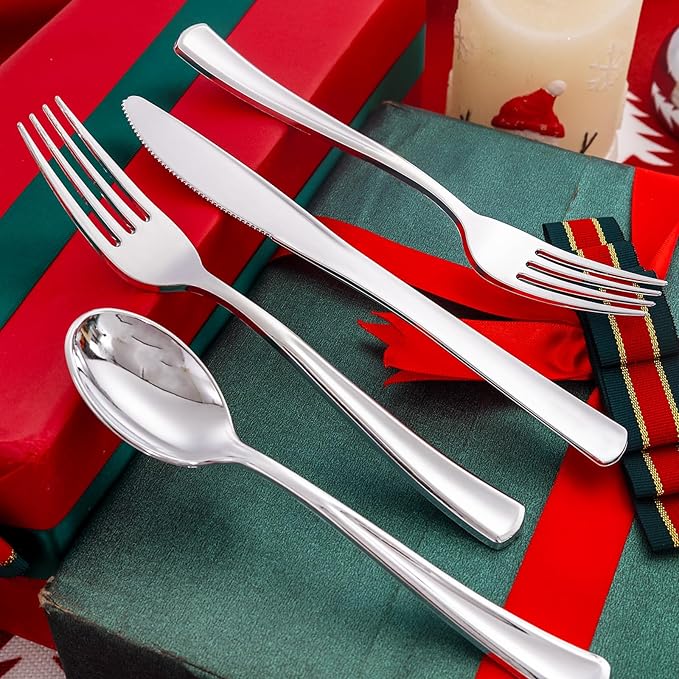 Liacere 200Pcs Silver Plastic Cutlery - Silver Plastic Silverware- Disposable Silverware - 100 Forks, 50 Spoons, 50 Knives Perfect for Wedding＆Christmas