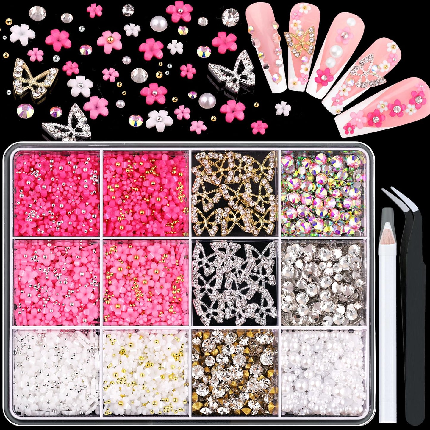 3D Nail Charms and Gems Set 1, 20PCS Gold and Silver Chunky Butterfly Charms With Rhinestones, 3D Flowers, Flatback Crystals, Pearls, Diamonds + Picker Tool for Y2K Nail Decoration-BrightBean Baby