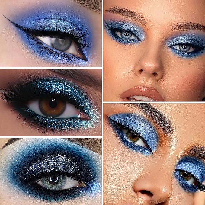 Erinde 9 Colors Dark Light Royal Cobalt Blue Pearl White Glitter Shimmer Eye Shadow Makeup Palette Highly Pigmented Waterproof Matte Glitter Shimmer Daily Party Sparkling Eyeshadow Palett for Girl-BrightBean Baby