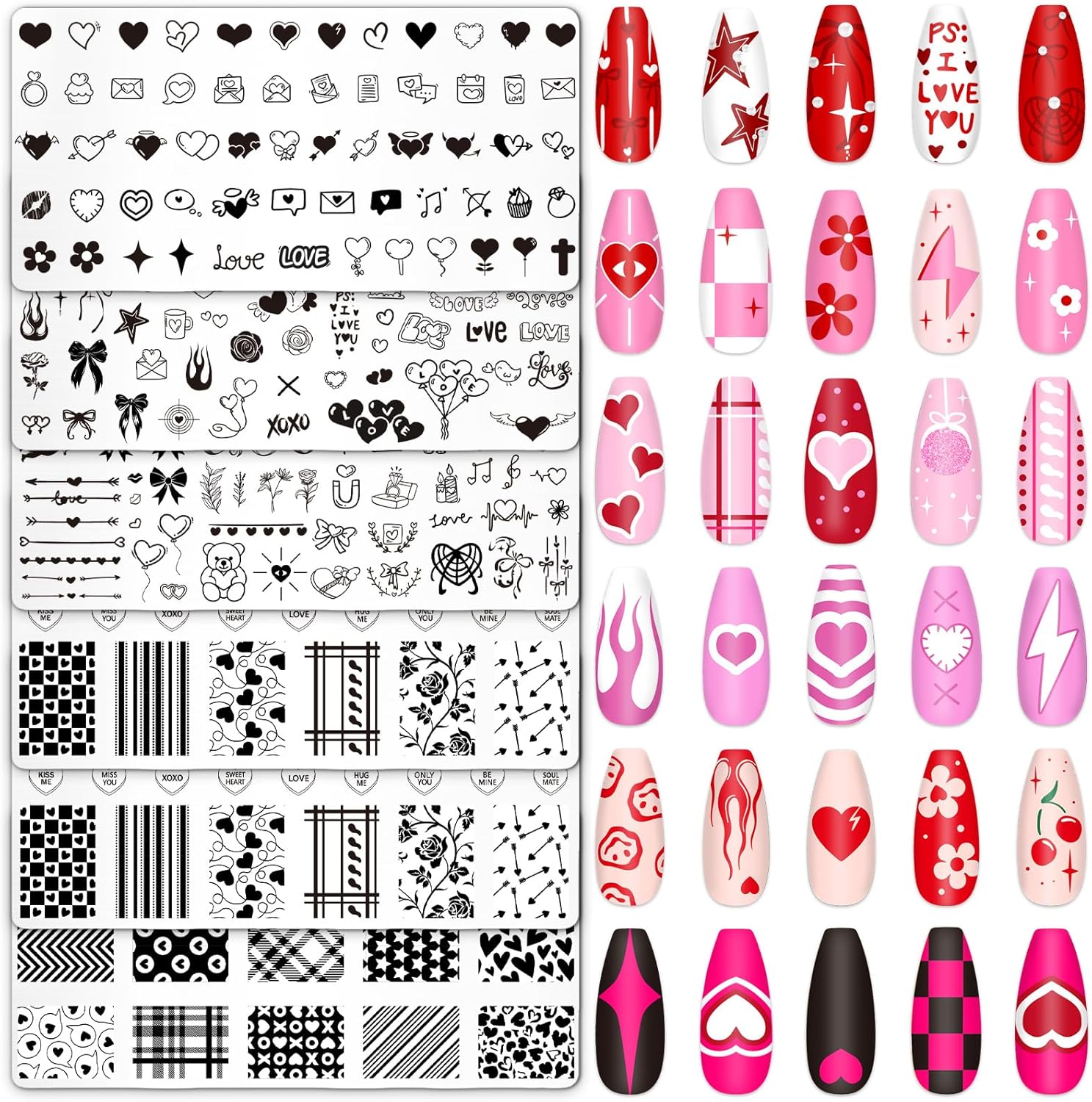 Whaline 6Pcs Happy Valentine Nail Plates Stamping Set Love Heart Stamp Templates Nail Art Plates for DIY Print Manicure Salon Design-BrightBean Baby